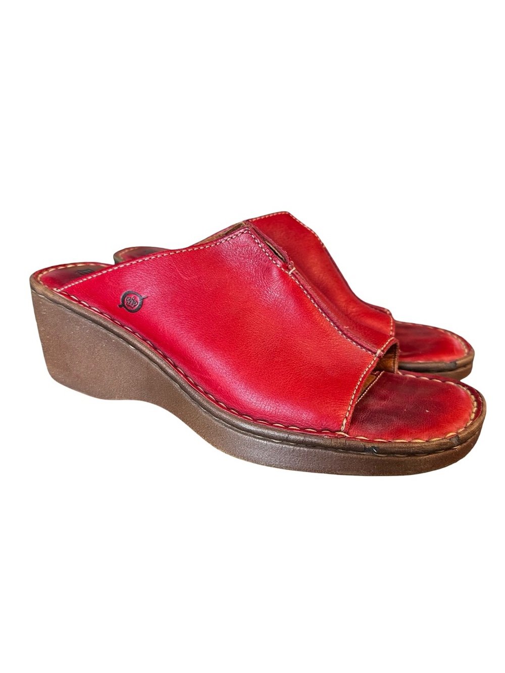 BORN Red Leather Wedge Mules Size 9 Comfort Fall Festival Boho Chic